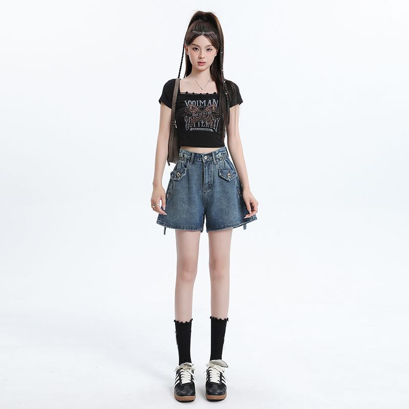 Real shot 2025 black curly denim shorts for women, slim and high waist design, hot girl A-line hot pants