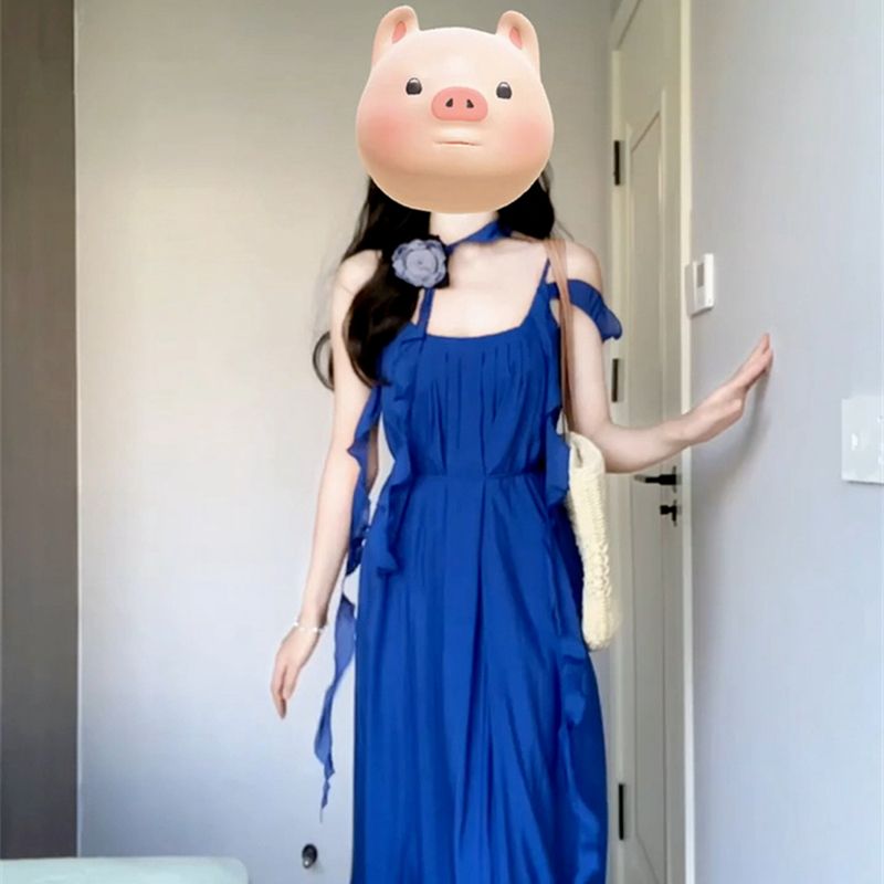 克萊因藍吊帶連衣裙子女春夏法式高級感海邊度假氣質寬鬆露背長裙