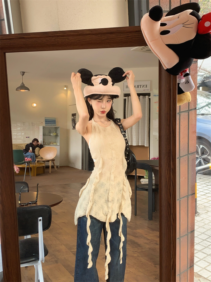 實拍 辣妹中長款流蘇掛脖大露背洋氣背心吊帶上衣