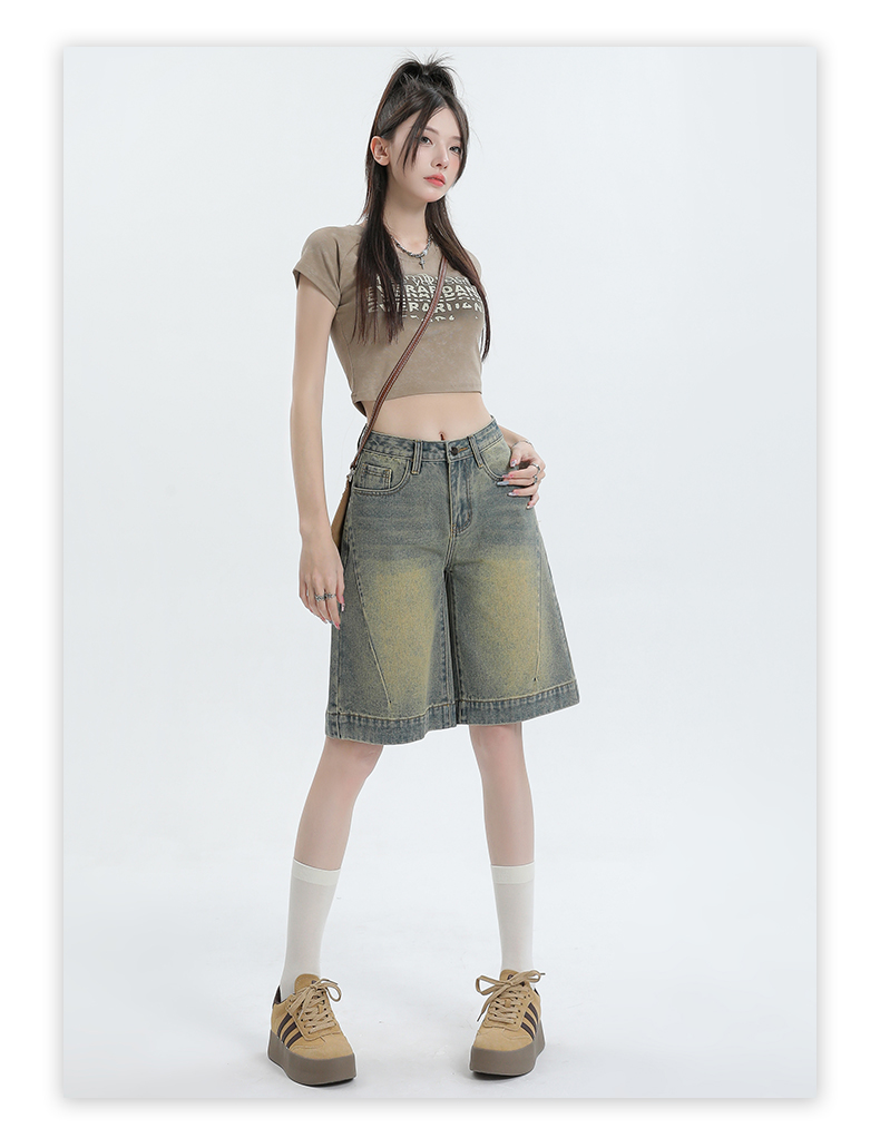 夏季新款美式復古做舊水洗牛仔短褲寬鬆顯瘦高腰無彈中褲女