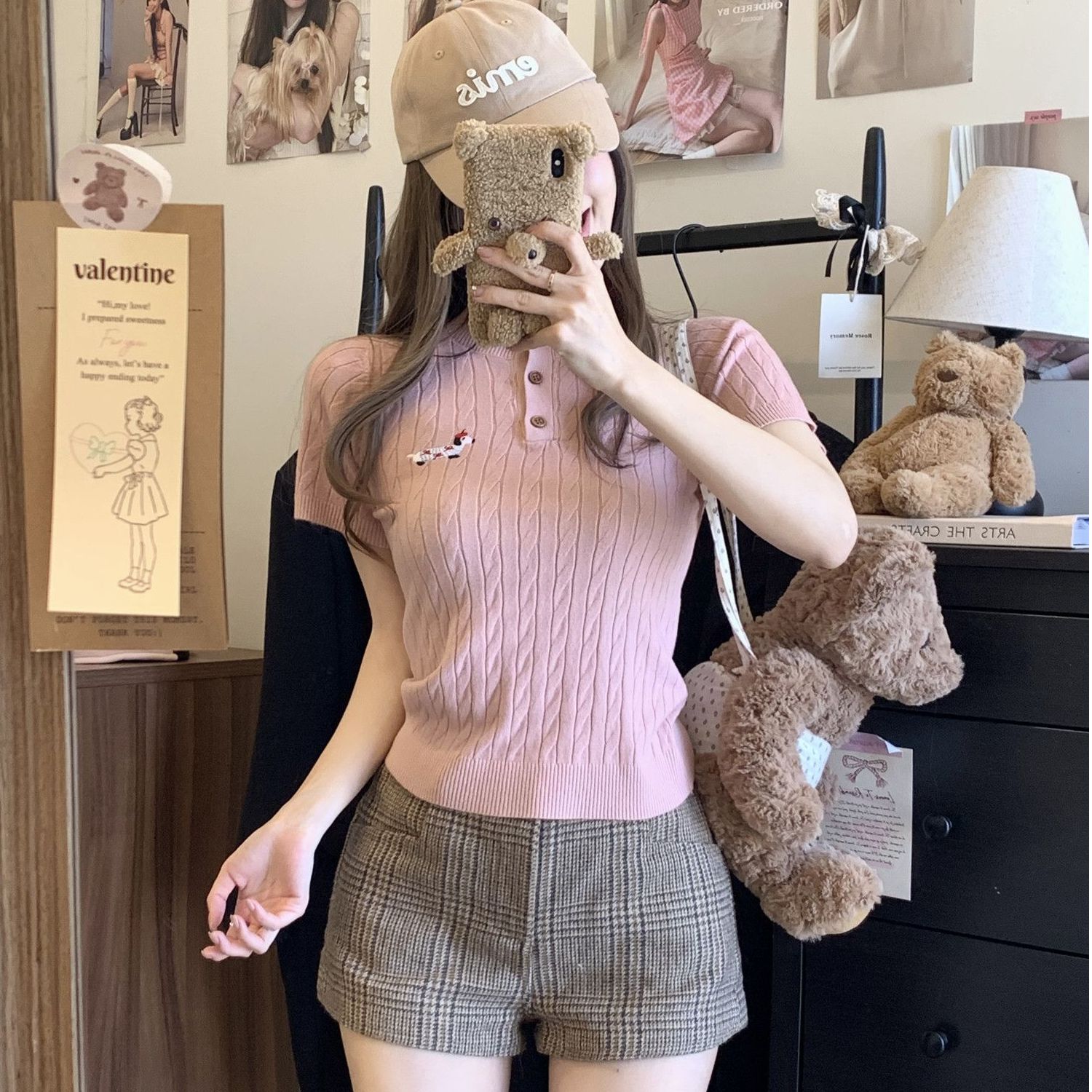 春夏新款設計感短款針織繡花臘腸狗麻花短袖T恤女