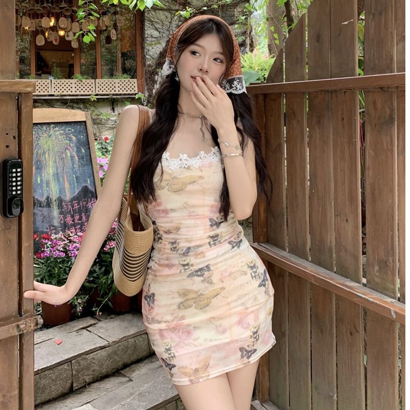 2025新款印花蕾絲花吊帶長裙女夏法式茶歇連衣裙褶皺收腰包臀短裙