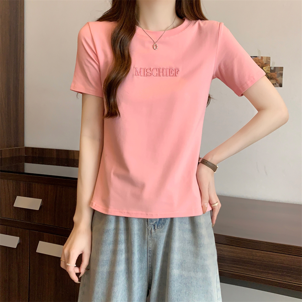 實拍  40支純棉210克92棉/8氨綸短袖T恤女刺繡