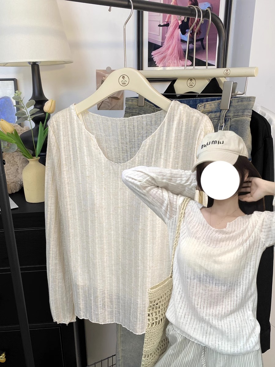慵懶風防曬衣T恤女夏季寬鬆空調罩衫早秋新款打底針織衫長袖上衣
