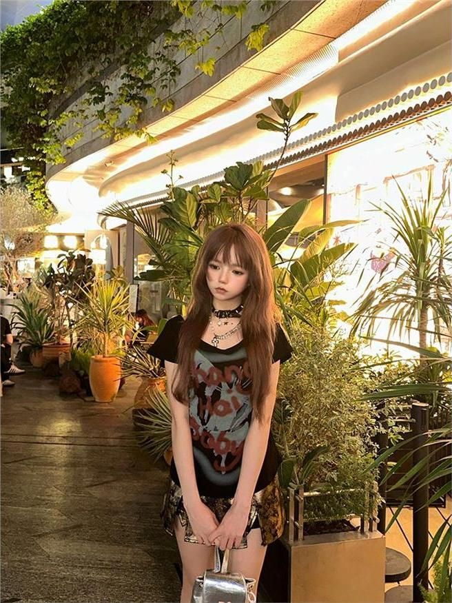 210克40支純棉1*1y2k純欲拉滿塗鴉辣妹風一字肩短袖T恤女上衣