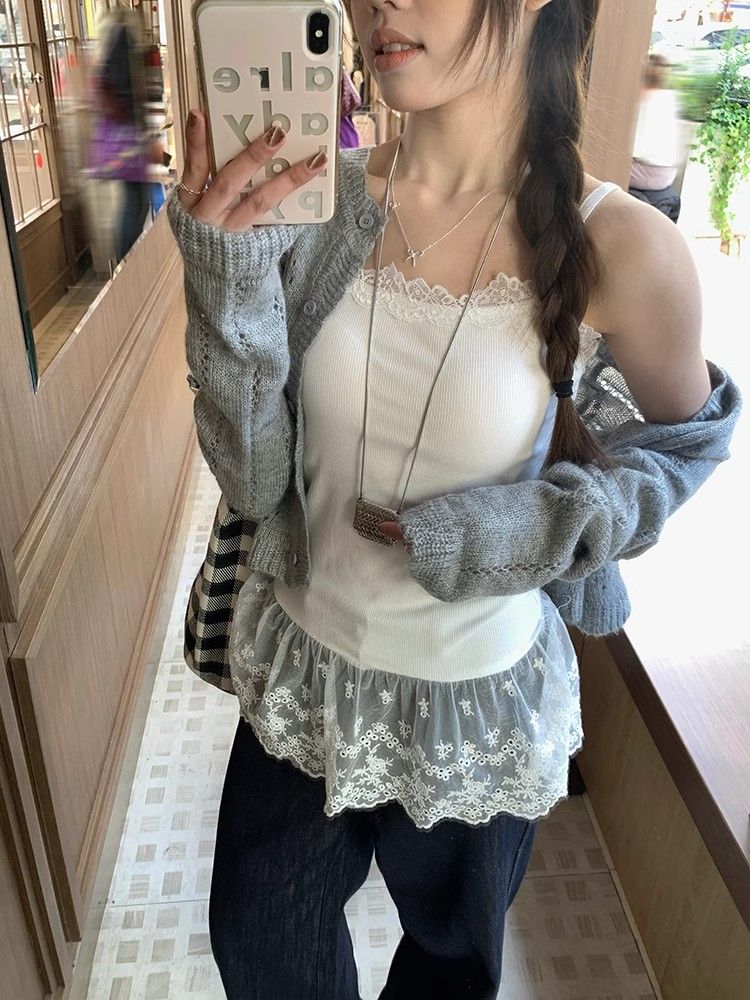 原版花邊 拼接蕾絲吊帶內搭女夏修身顯瘦百搭打底上衣