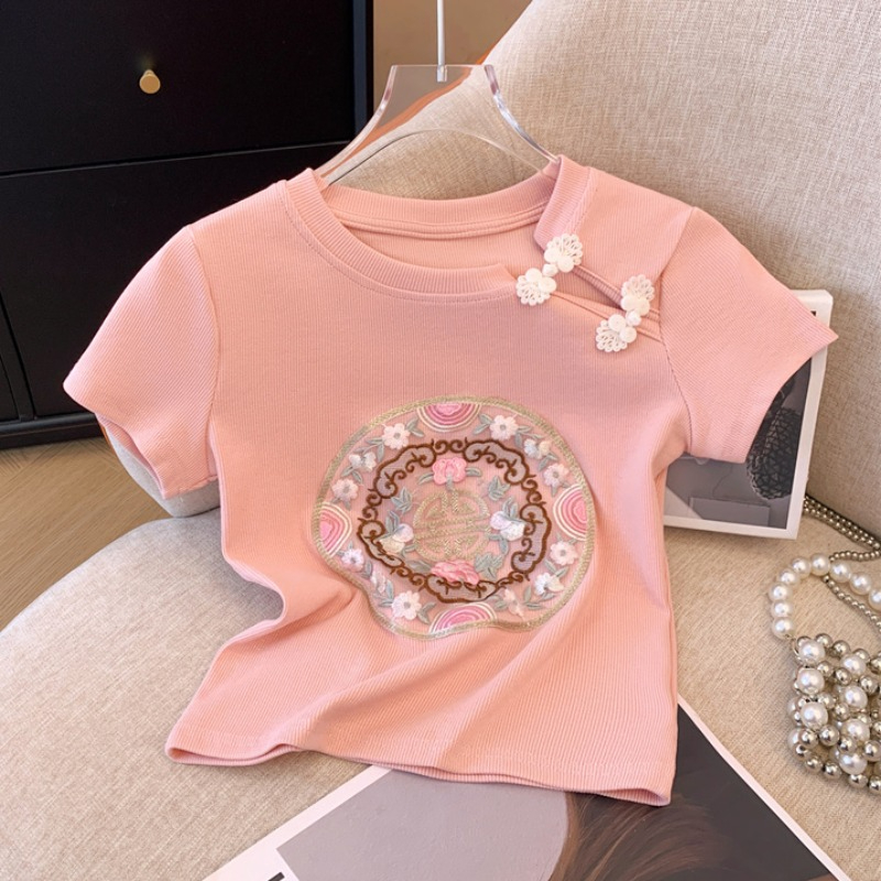 First release of 40 imitation cotton 1*1 new Chinese style buckle slim fit design short short-sleeved T-shirt for women