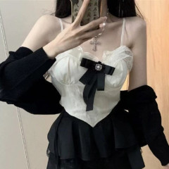 Non-real photo of Xiaoxiangfeng bow suspender vest wearing pure hot girl top lace bottoming inside