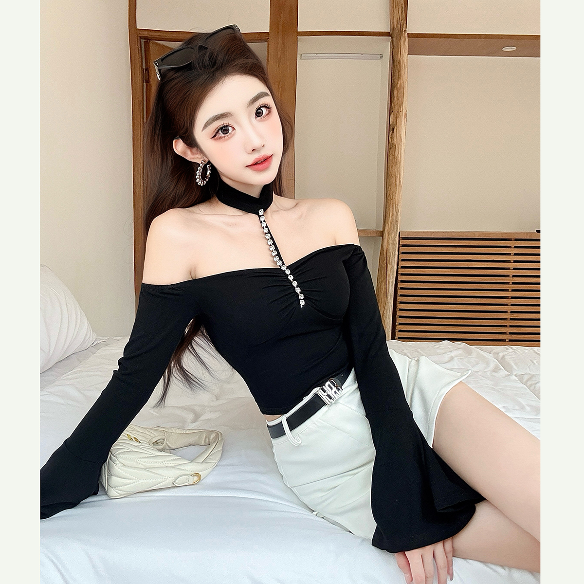 實拍一字肩水鑽掛脖打底衫上衣女+同款西裝裙褲套裝