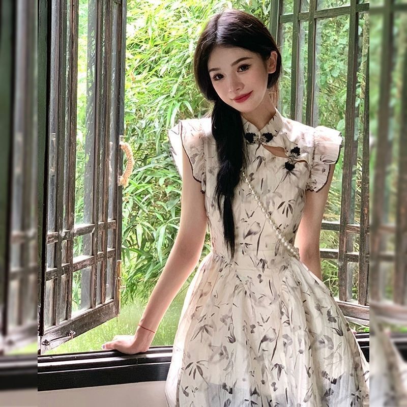 新中式絕美清新小眾連衣裙女2025夏季新款復古小個子修身顯瘦短裙