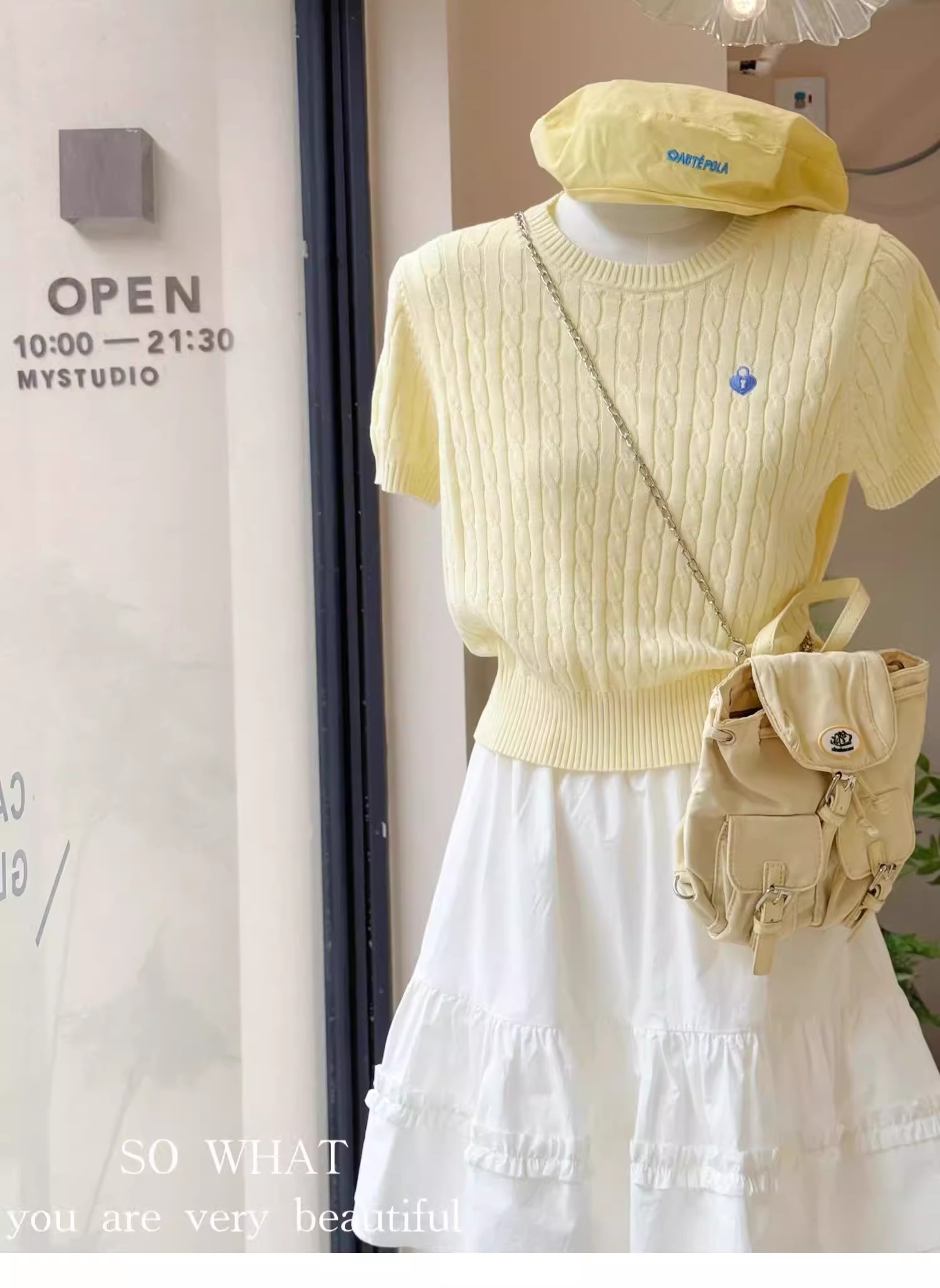 Yellow ice silk embroidered twist knitted thin short-sleeved T-shirt for women in summer small slim short shoulder top