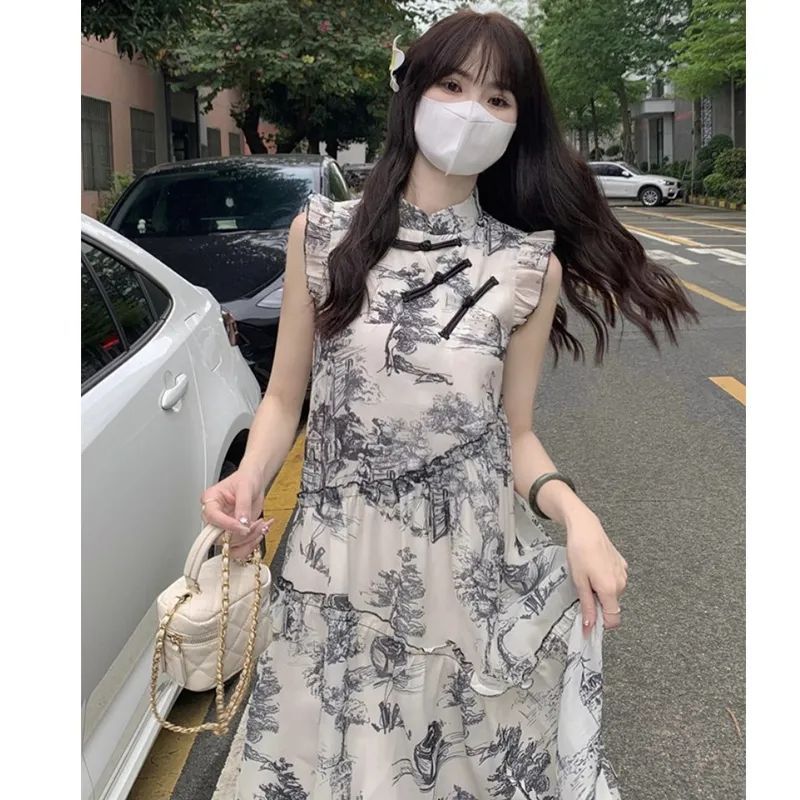 New Chinese style landscape painting printed vest dress for women in summer 2025 new style loose mid-length A-line skirt
