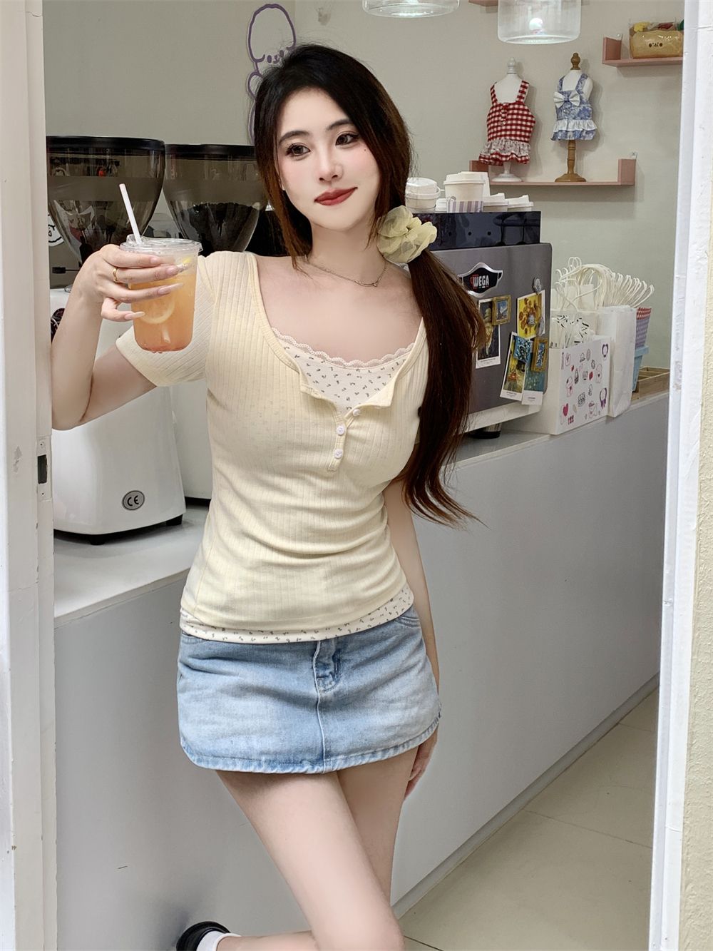 實拍 廣州提花拼40支布匹 夏裝蕾絲碎花假二件短袖女