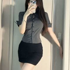 Pure waist-hugging sexy short-sleeved gray shirt for women's summer 2025 new women's OL uniform professional work clothes suit