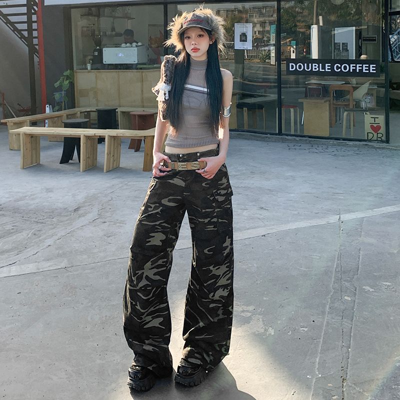 Real shot of 2025 spring Korean version American retro camouflage workwear autumn street blowing rope design straight draping feeling casual