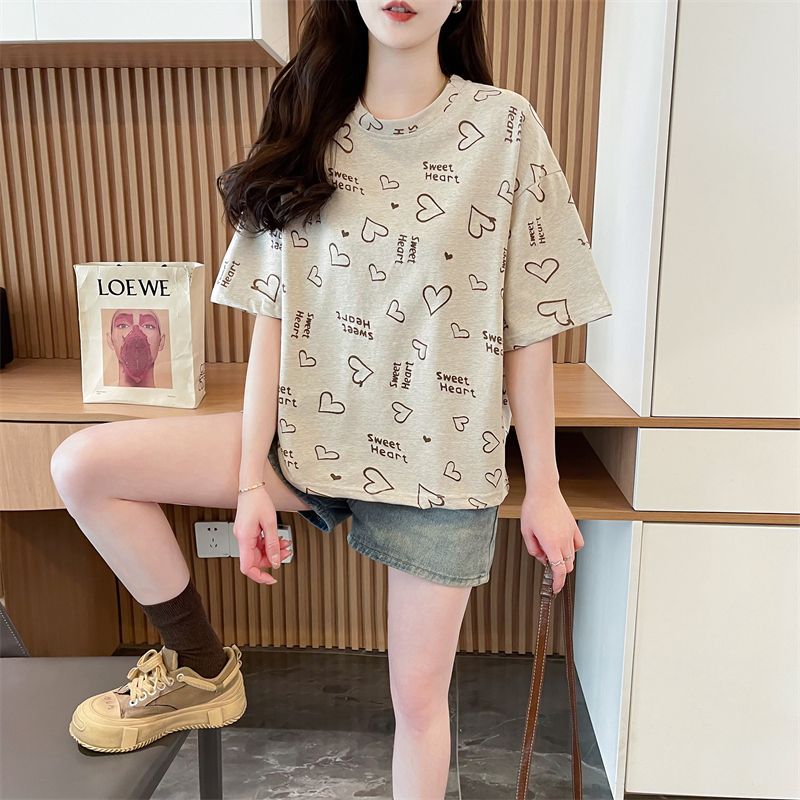 Real shot of large-size women's T-shirt spring and summer new design Korean loose short-sleeved cartoon printed T-shirt top for women