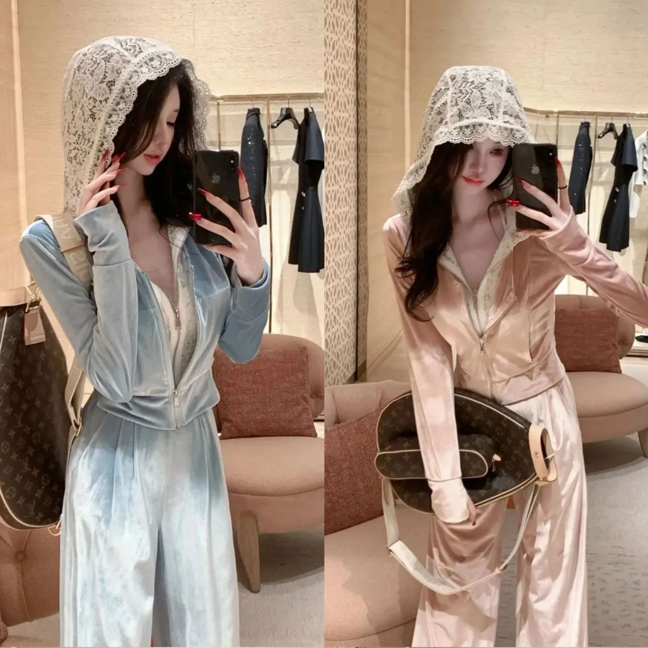 慵懶甜妹蕾絲拼接套裝假兩件連帽長袖衛衣妹冬季高腰休閒褲兩件套