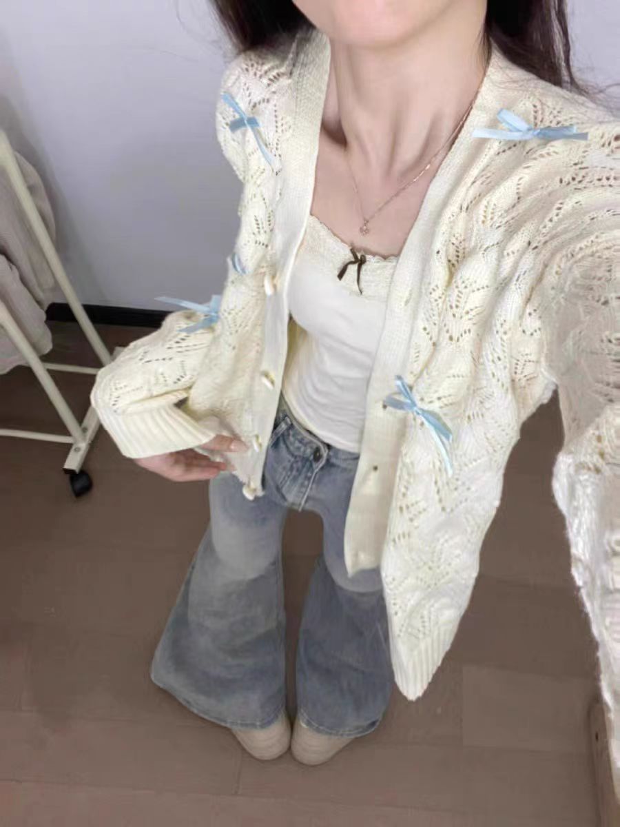 韓系甜美蝴蝶結鏤空慵懶風毛衣開衫小香風V領針織衫早秋季外套女