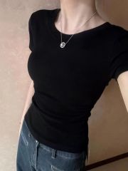 40支棉韓版辣妹百搭修身顯瘦褶皺內搭短袖上衣