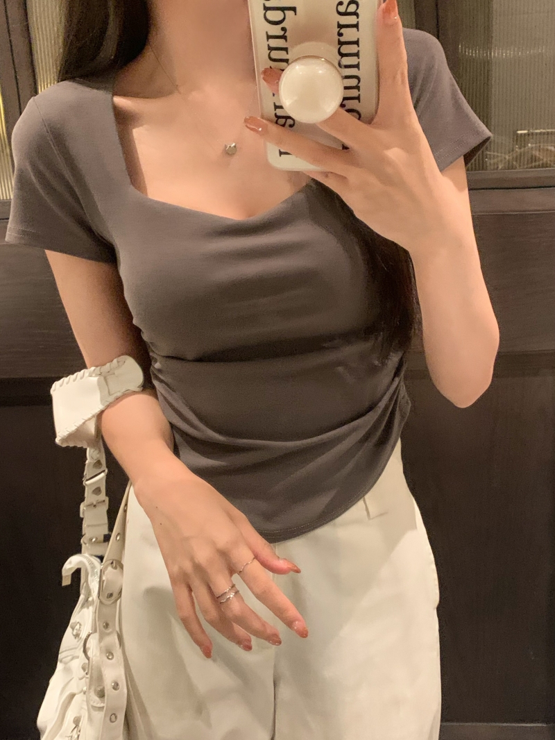 實拍  40支純棉210克92棉/8氨綸褶皺短袖T恤女桃心領