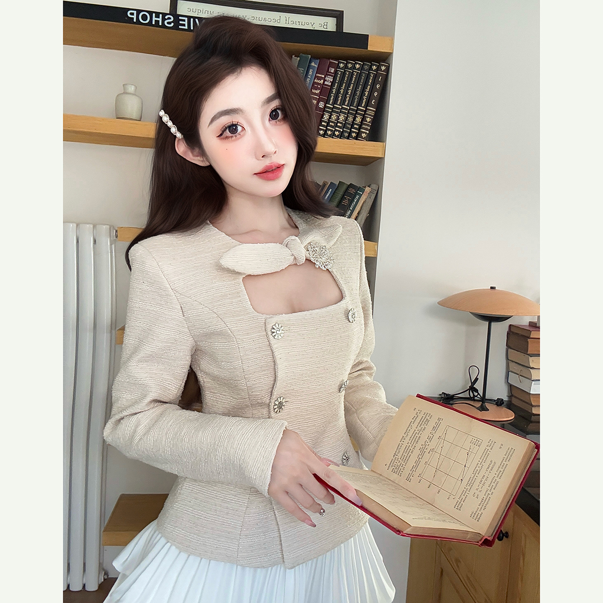 實拍重工小方領外套雙排扣短款上衣同款半身裙套裝