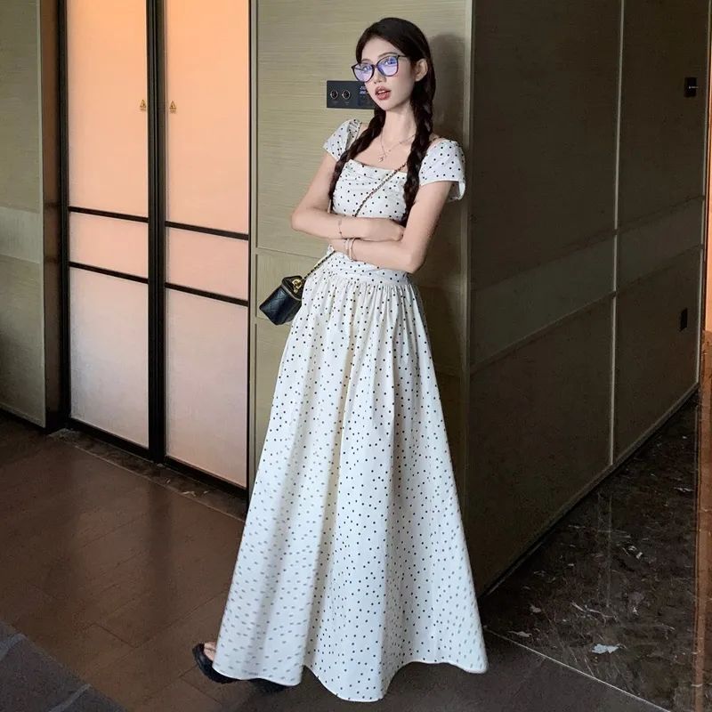 Small flying sleeve polka dot temperament waist-hugging slim dress for female students' college style Korean loose mid-length A-line skirt