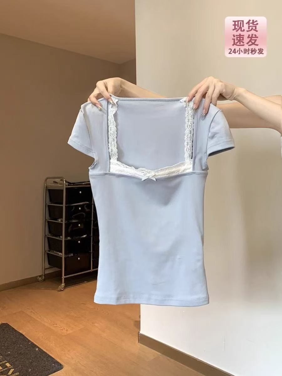 40支純棉蕾絲拼接假兩件短袖T恤女夏季新款修身上衣