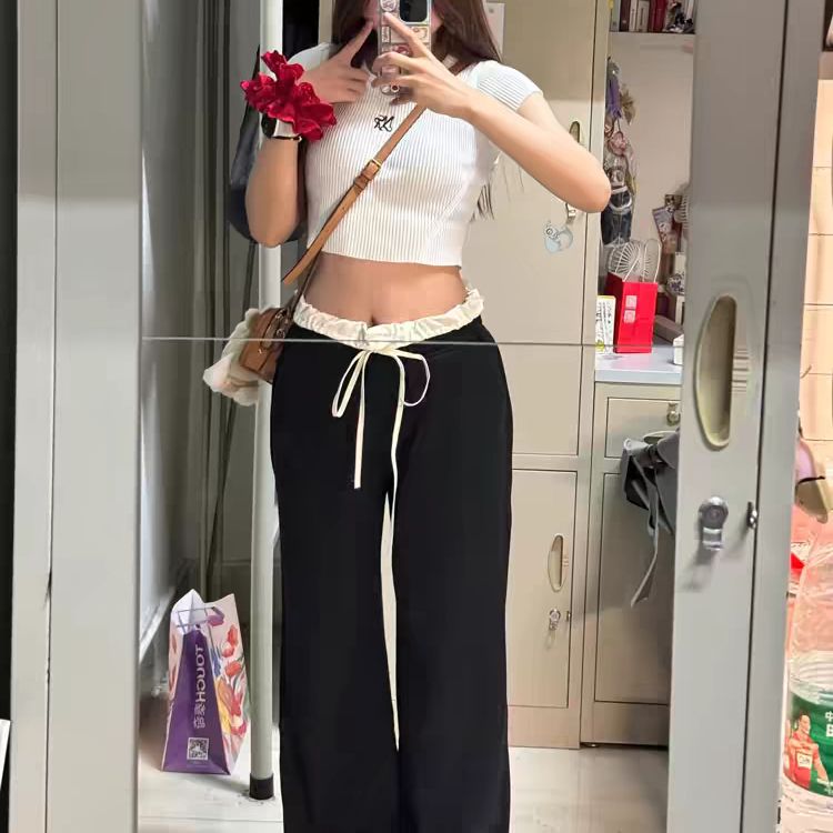 芭蕾風花邊黑色褲子女夏季2025新款設計感小眾高腰寬鬆直筒闊腿褲