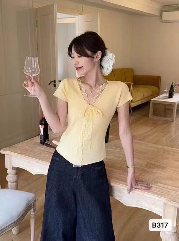 2025春夏新蕾絲拼接綁帶淨色少女減齡ins潮chic甜美純欲百搭斯文Z
