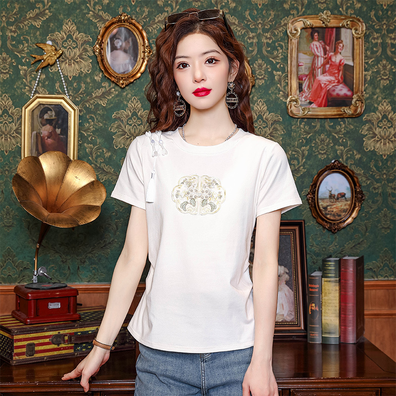 實拍國風珍珠盤扣新中式短袖T恤女夏季2025新款時尚洋氣顯瘦上衣