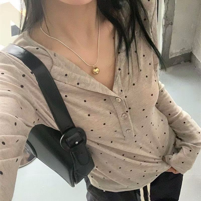 1*1隨心裁260克美式街頭波點灰色正肩長袖T恤女顯瘦