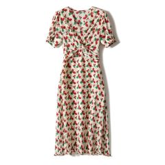 SQB592624ML 致驚艷夏季印花 層次感扭結桑蠶絲連衣裙茶歇裙