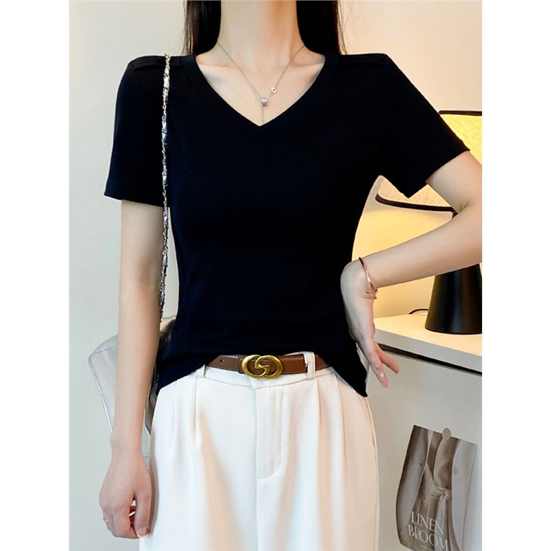 New fish bone shoulder short-sleeved T-shirt v-neck women's spring and summer tight top slim splicing base shirt