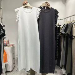 2025春夏新圓領雪紡荷葉邊袖拼接純棉連身長裙韓日ins潮chicK顯瘦