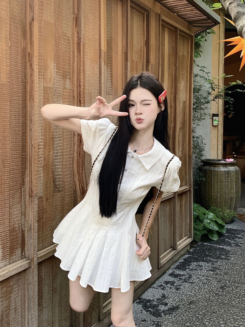 College style white short-sleeved shirt dress summer a-line skirt small pleated short skirt