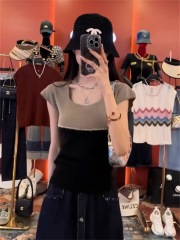 重工設計感撞色方領短袖t恤女夏季新款小眾氣質修身獨特别致上衣