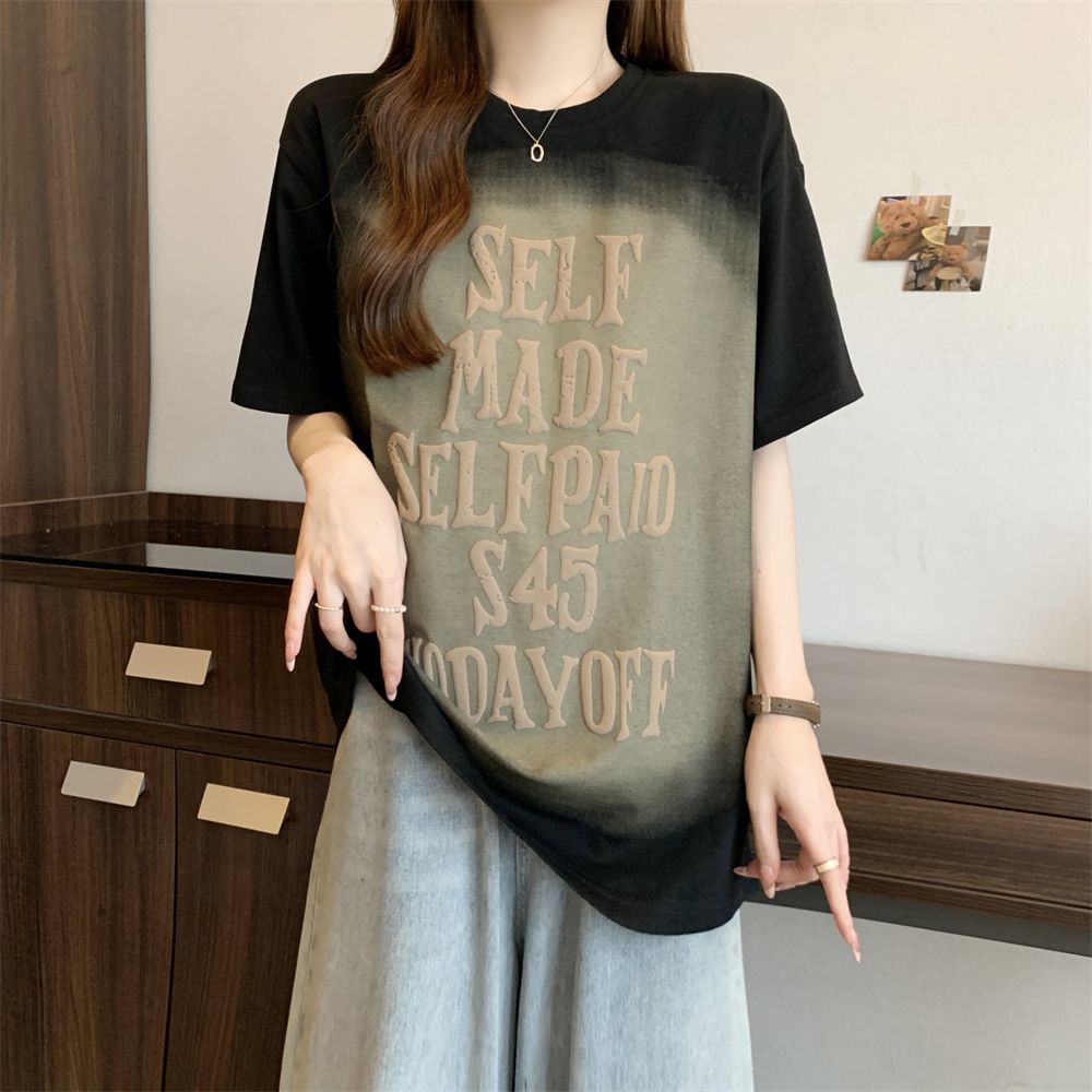 實拍 220g純棉100%綿 夏裝短袖T恤女寬鬆印花發泡