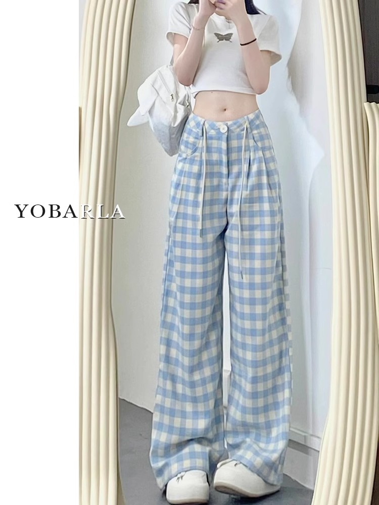 Insole, blue plaid casual pants for women, new large size loose slimming wide-leg pants