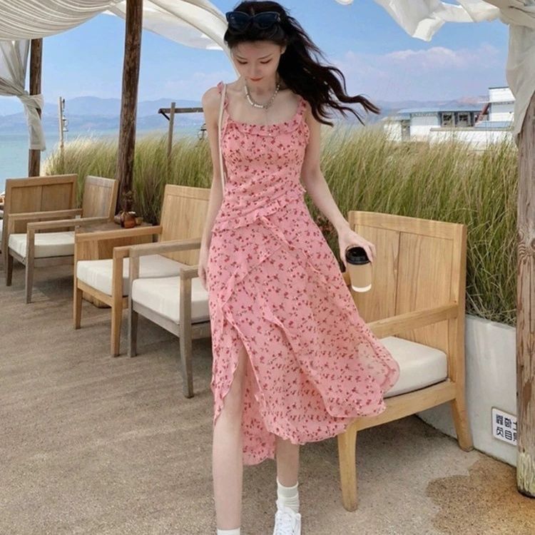 Floral sweet temperament dress slim 2025 new waist-hugging suspender French long skirt skirt