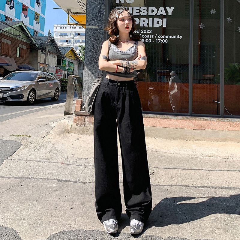 Real shot of 2025 spring Korean version of slim, loose, versatile straight and draped floor pants