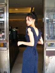 Real shot of new ruffled short-sleeved dress with female sexy backless polka dot midi skirt
