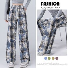 印花扎染格子褲復古潑墨設計直筒褲女新款春秋休閒百搭拖地闊腿褲