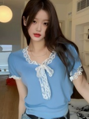 New summer Korean lace straps V-neck sweater for women's sweet style versatile slim short-sleeved sweater