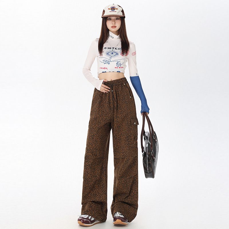 Real shot of 2025 spring elastic waist wide-leg jeans for women loose slim drawstring work pants