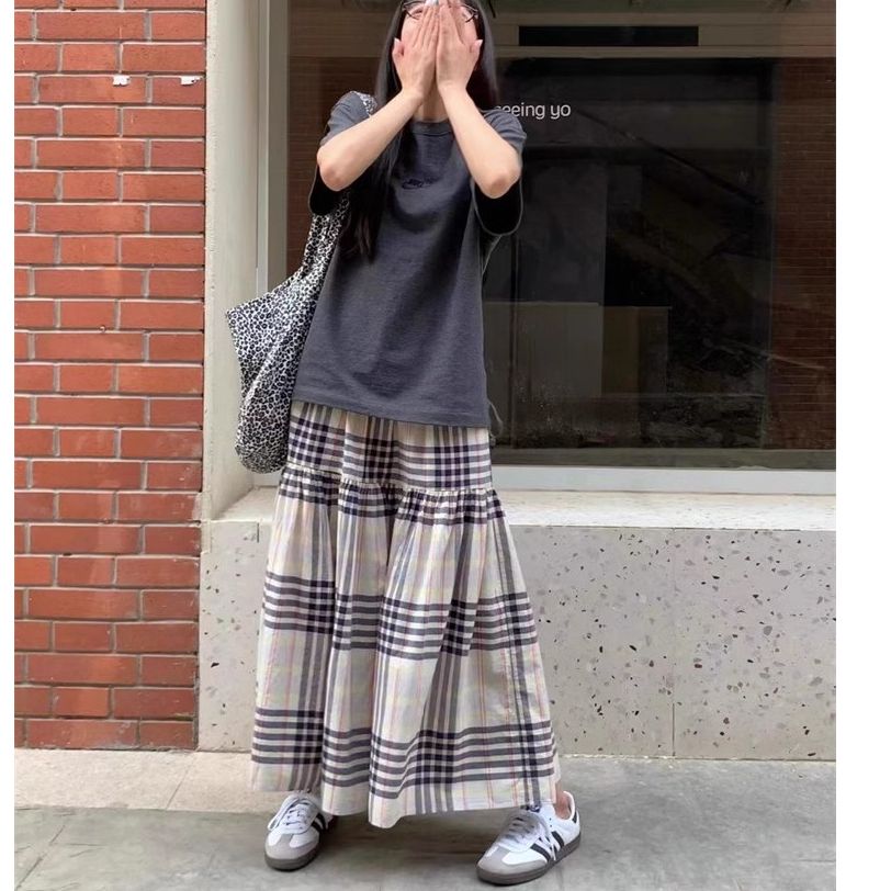 韓系復古格子半身裙女中長款蛋糕裙子春秋2025新款高腰顯瘦a字裙