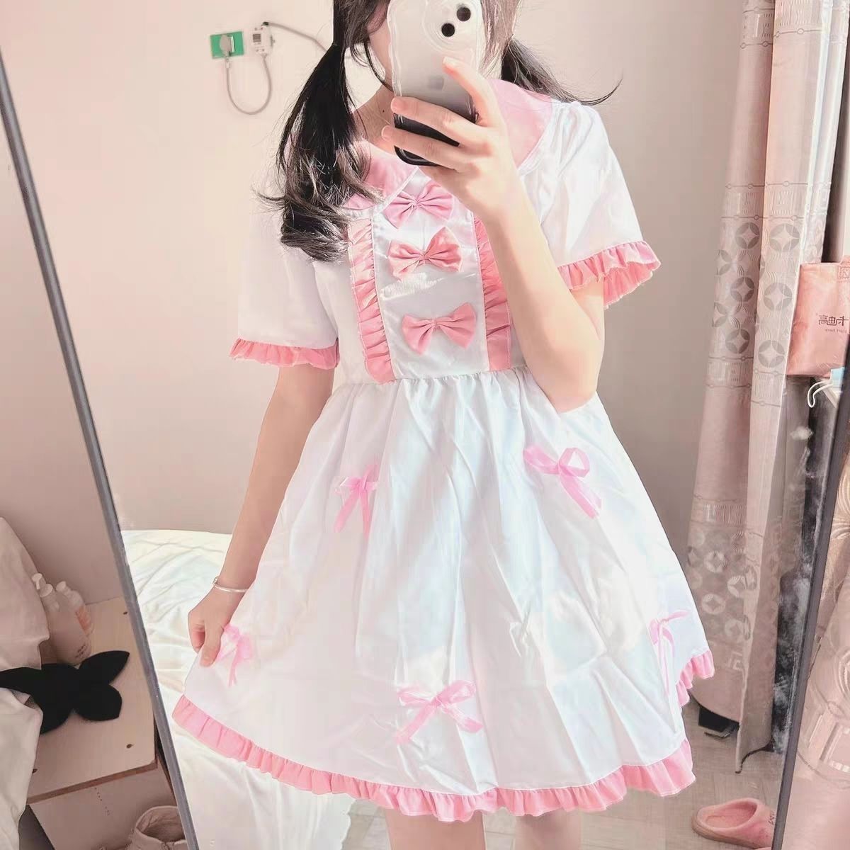College style doll neck short-sleeved dress for women sweet and cute girly little skirt