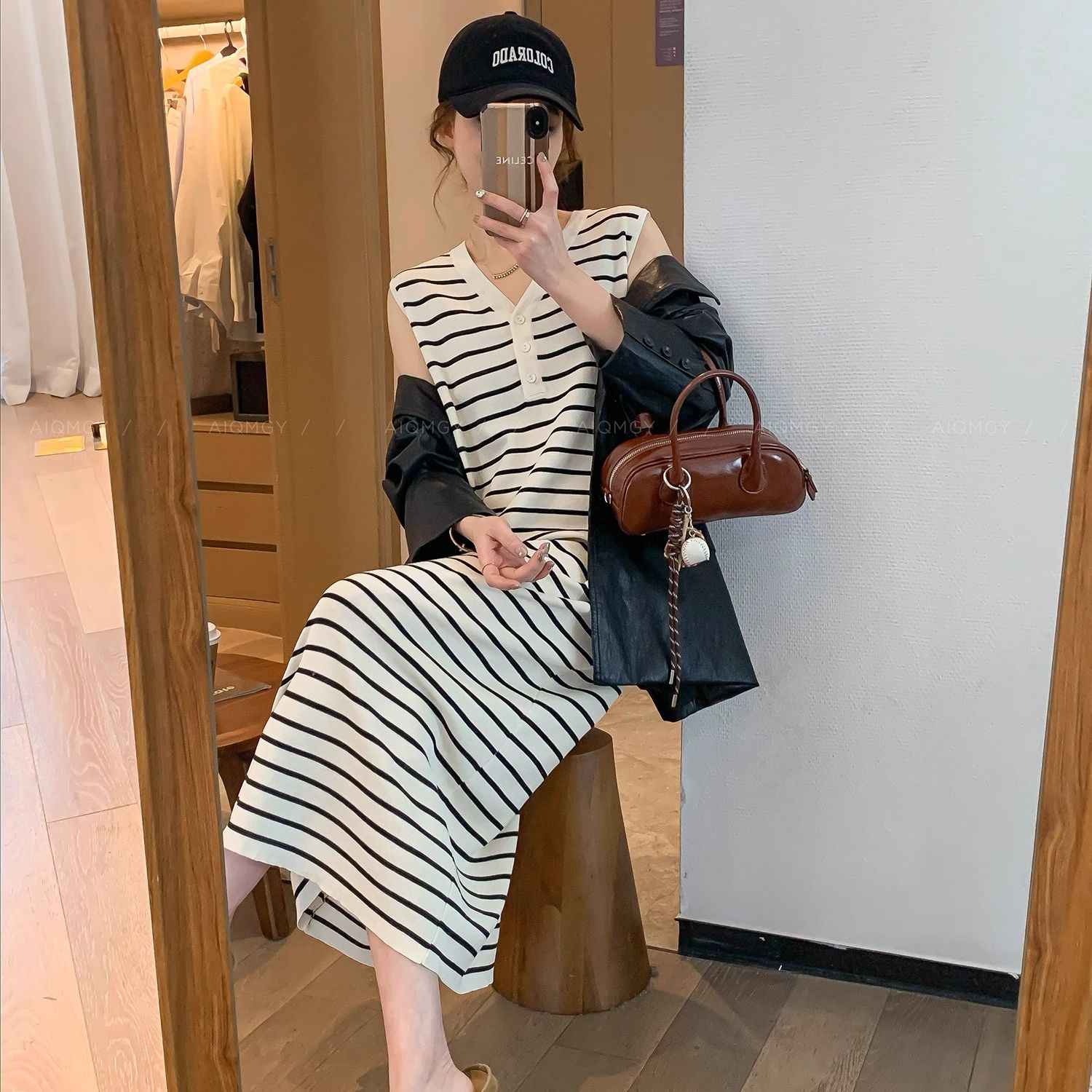 First release of retro striped V-neck sleeveless dress summer new slim bottom skirt vest long skirt