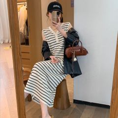 First release of retro striped V-neck sleeveless dress summer new slim bottom skirt vest long skirt