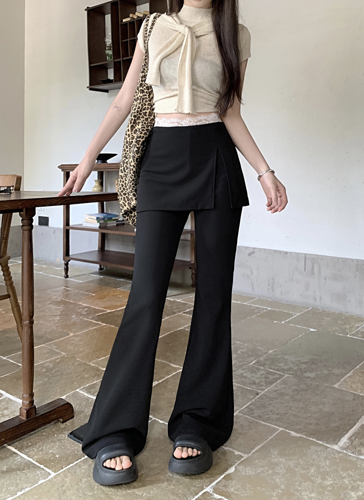 Real shot of lace splicing fake two-piece casual pants high-waisted slim and flared pants