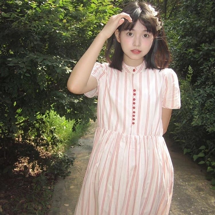 New Chinese-style striped short-sleeved dress for women with loose waist and slim small midi skirt